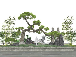 中式造型松、黑松、罗汉松、竹子、...禅意<em>小景</em>、景观树